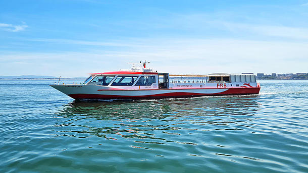 The MS "Hanseblick" on the Tagus River in Lisbon, Portugal.