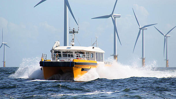 Offshore Crew Transfer Schiff "Windcat 24" auf hoher See.