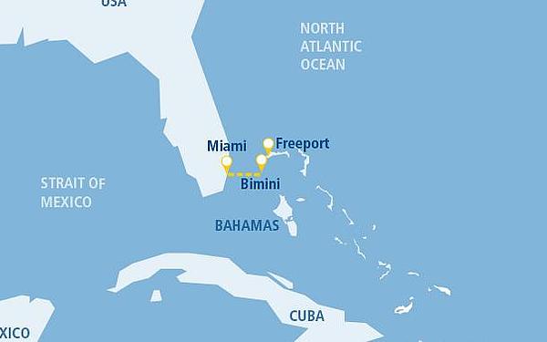 Karte der Route von Miami nach Bimini, Bahamas.