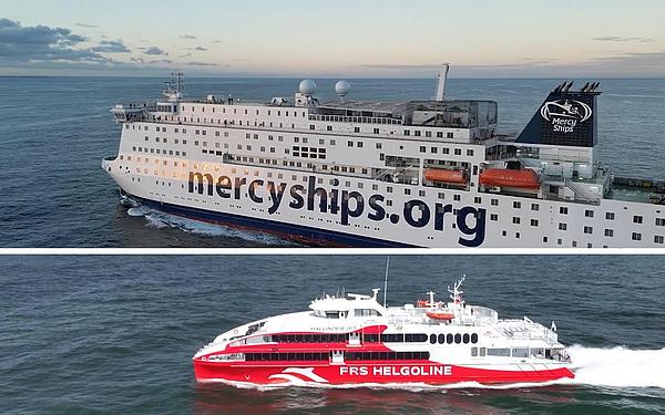 Halunder Jet and Mercy Ship sail across the sea