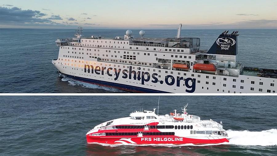 Halunder Jet and Mercy Ship sail across the sea