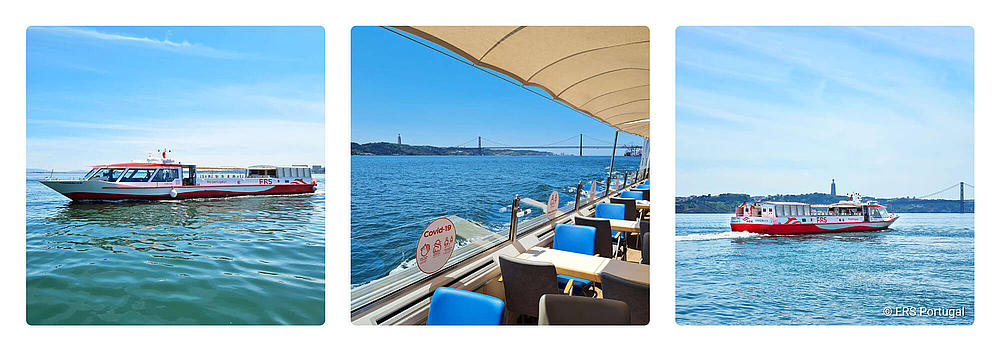 Three small pictures of the vessel on the Tagus from inside and outside.